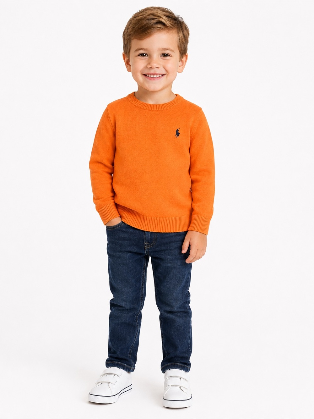 Polo Ralph Lauren Boys Orange Cotton Crewneck Sweater 4T Navy Pony Logo